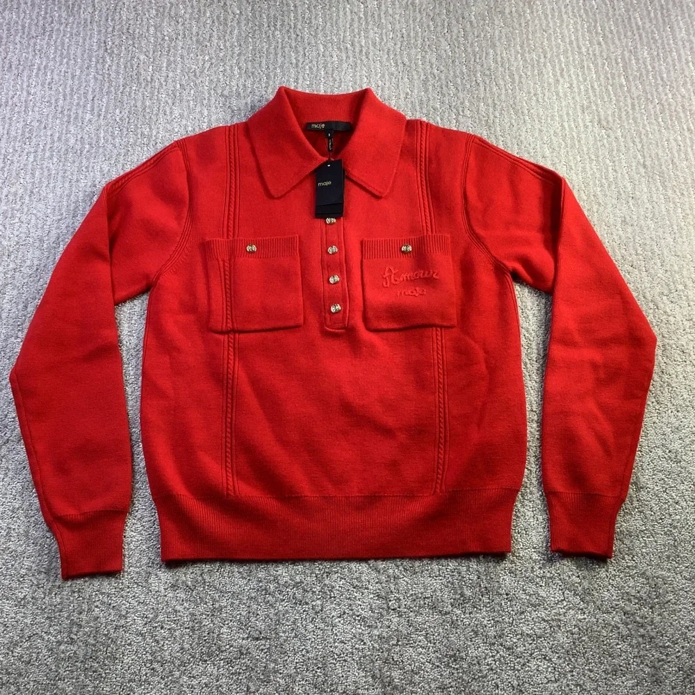Maje Mizoly Red‎ Wool Blend Embroidered Polo Sweater Gold Buttons Size 1 NWT